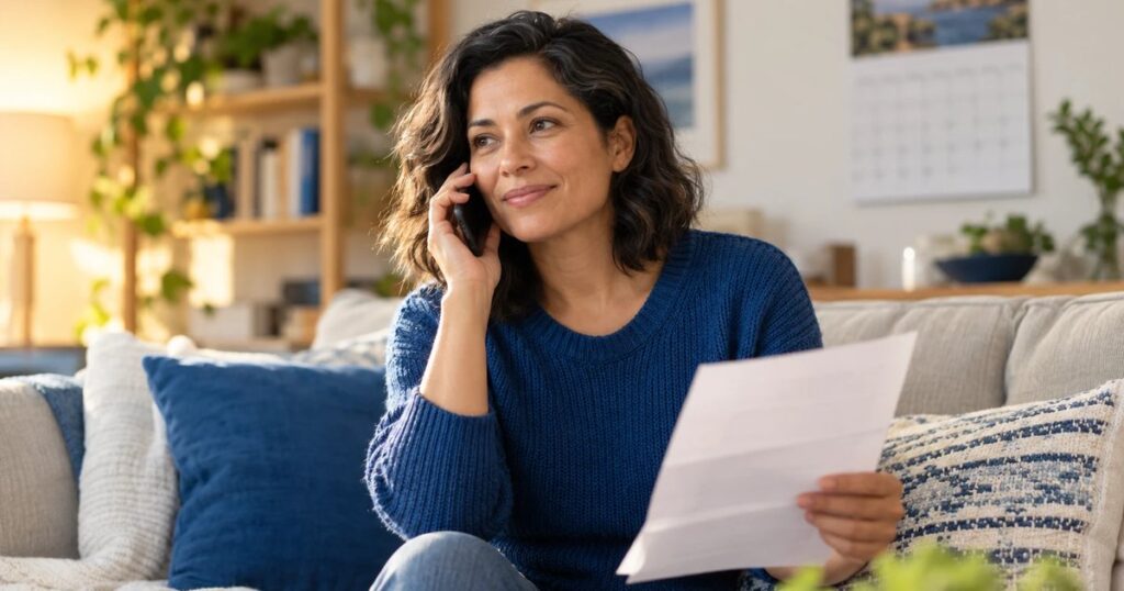 A woman on the sofa at home talking on the phone while holding a bill, looking calm and reassured